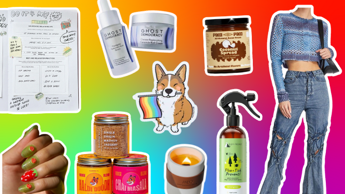 A collage of featured products atop a rainbow gradient.