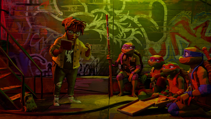 L-r, APRIL O’NEIL, DONATELLO, RAPHAEL, MICHELANGELO and LEONARDO in PARAMOUNT PICTURES and NICKELODEON MOVIES Present A POINT GREY Production “TEENAGE MUTANT NINJA TURTLES: MUTANT MAYHEM”
