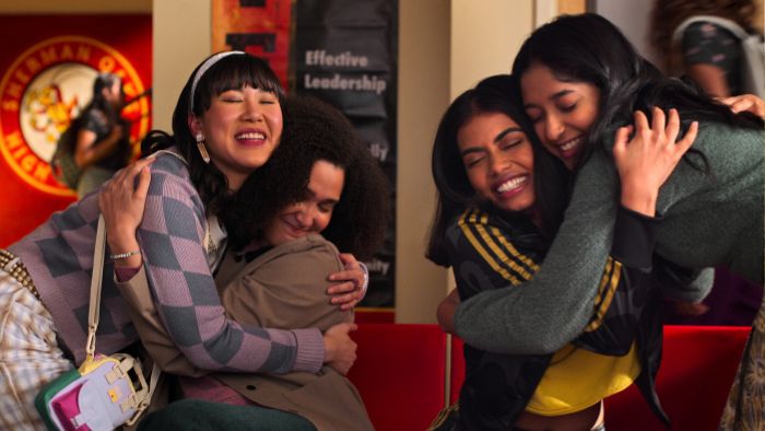 Ramona Young, Lee Rodriguez, Megan Suri and Maitreyi Ramakrishnan hug it out in Netflix's 