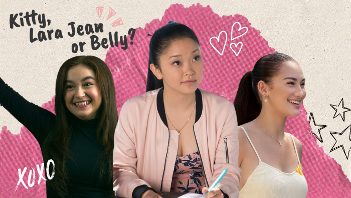 A graphic superimposing photos of Kitty Song Covey (Anna Cathcart), Lara Jean Song Covey (Lana Condor) and Belly Conklin (Lola Tung) atop a ripped paper background.