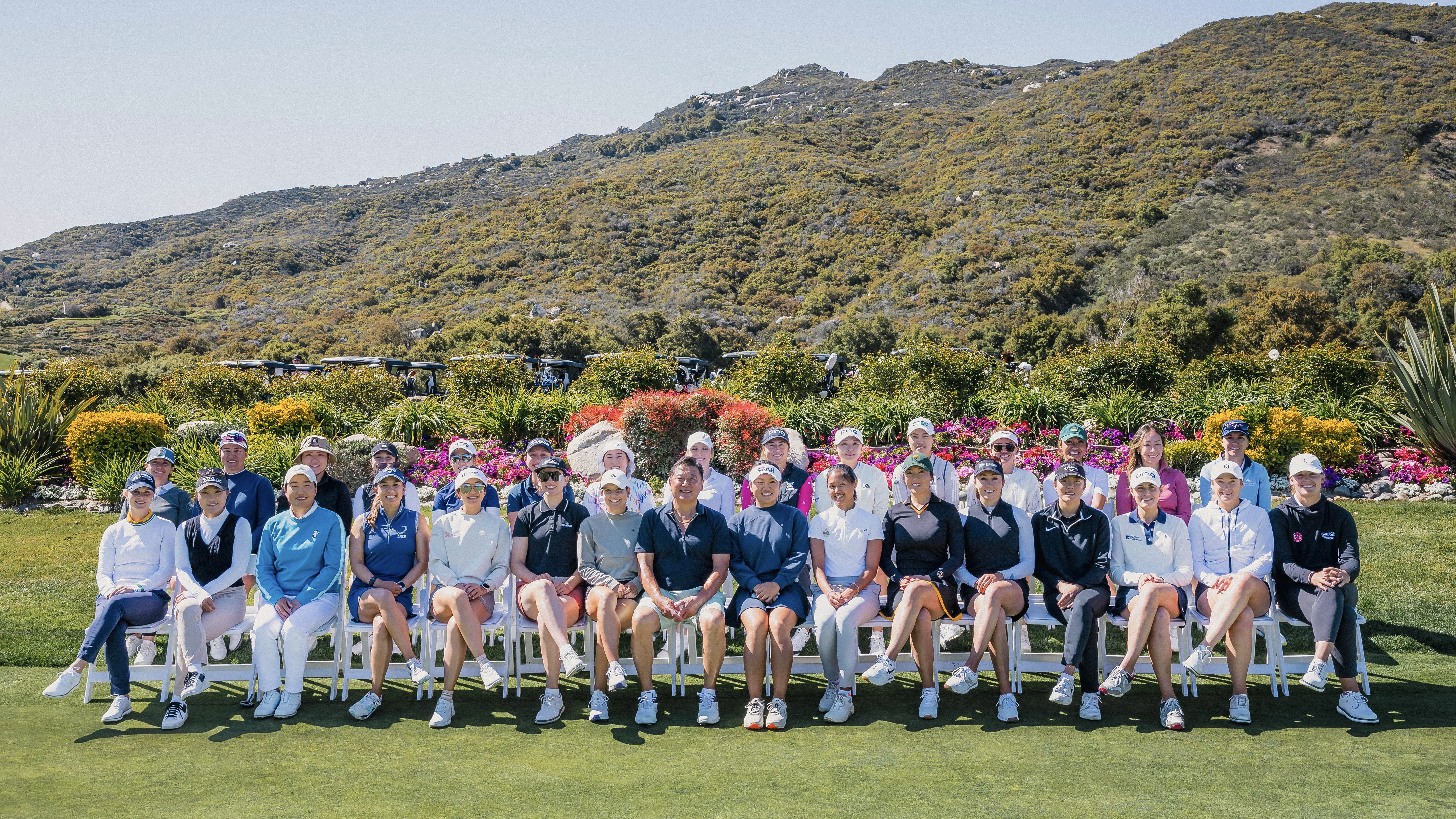 The 30 pros competing in CM's 17th annual Pro-Am tournament pose for a photo on Journey at Pechanga golf course.